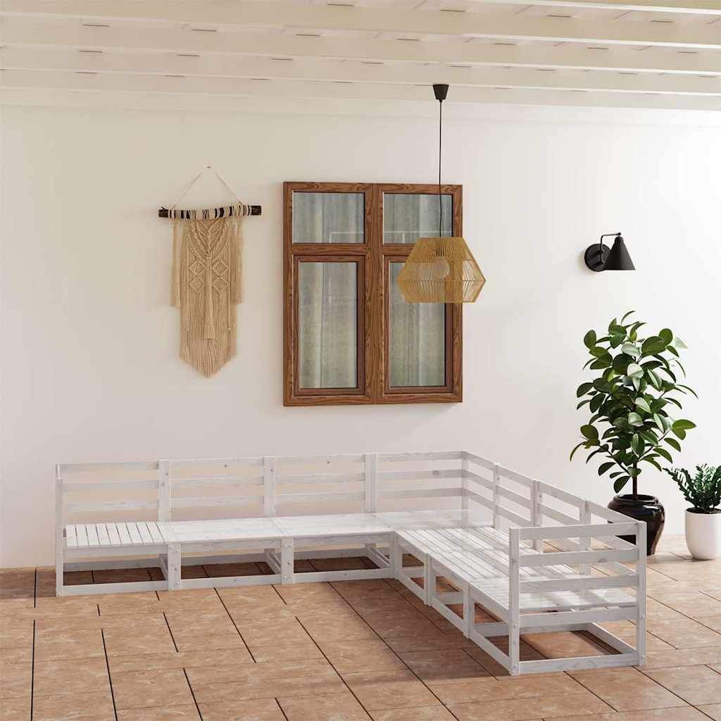 Set Divani da Giardino 7 pz Bianchi in Legno Massello di Pino
