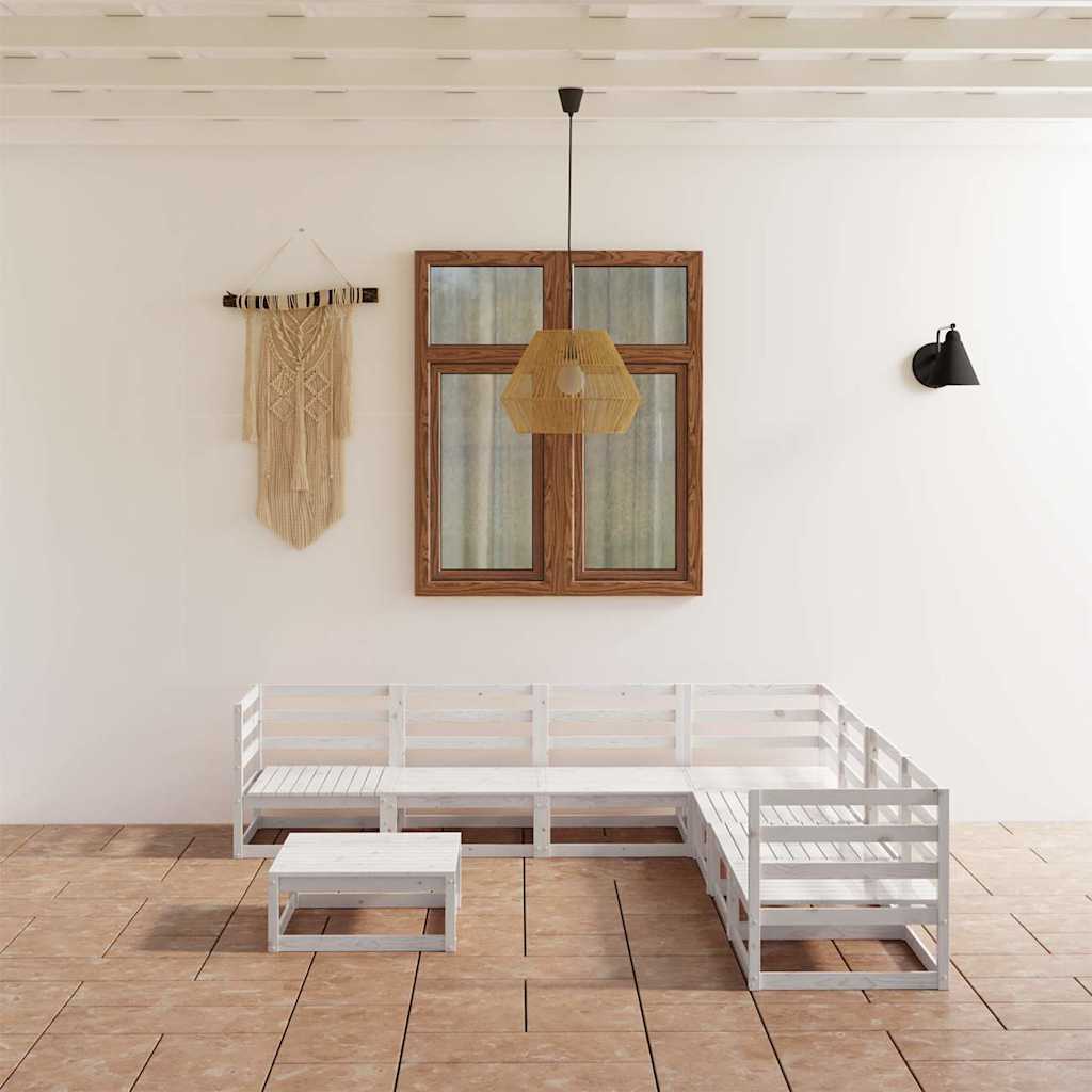 Set Divani da Giardino 8 pz Bianchi in Legno Massello di Pino