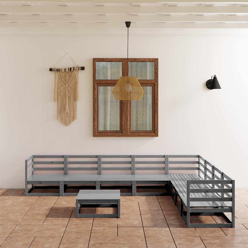 Set Divani da Giardino 9 pz Grigi in Legno Massello di Pino