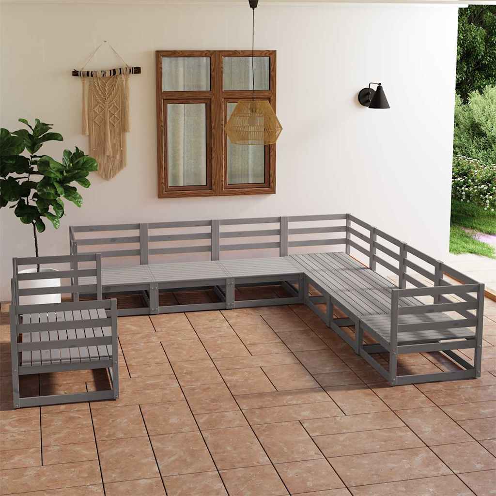 Set Divani da Giardino 9 pz Grigio in Legno Massello di Pino