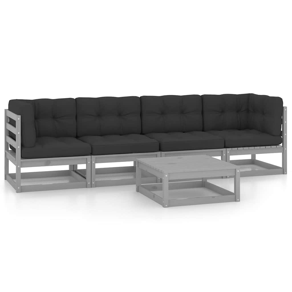 Set Divani da Giardino 5 pz con Cuscini Legno Massello di Pino