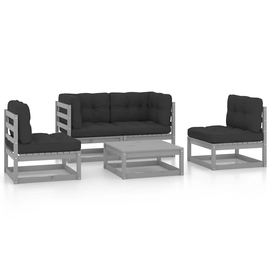 Set Divani da Giardino 5 pz con Cuscini Legno Massello di Pino