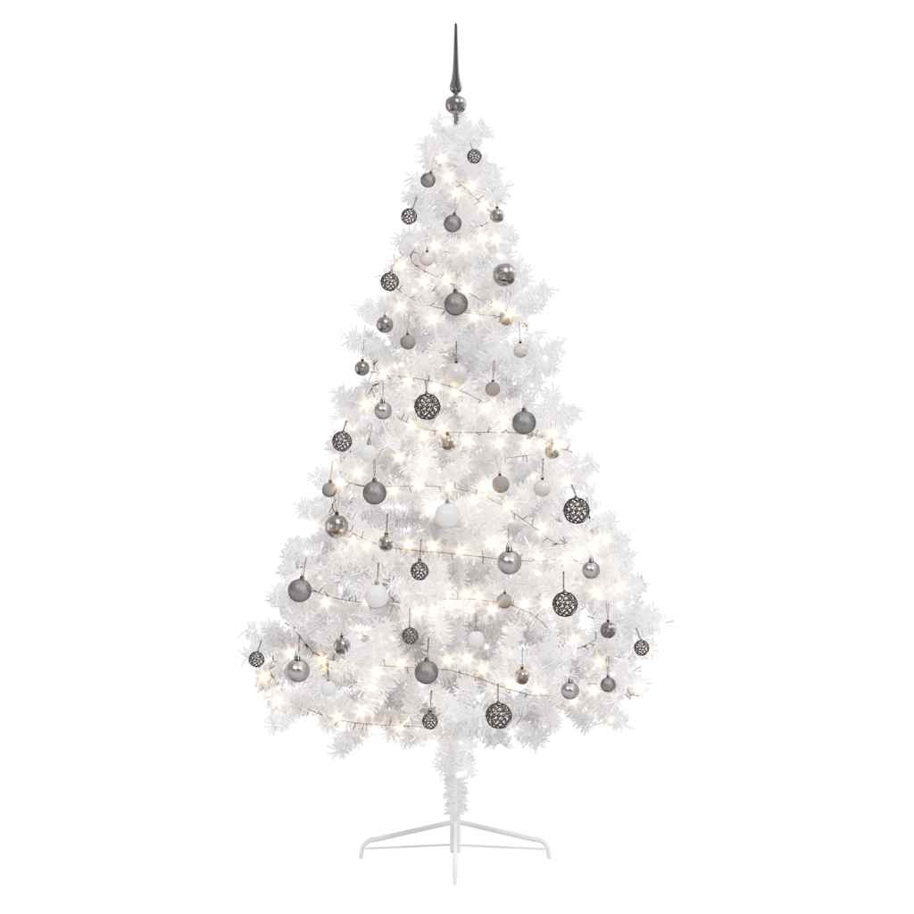 Albero di Natale a Metà Preilluminato con Palline Bianco 180 cm