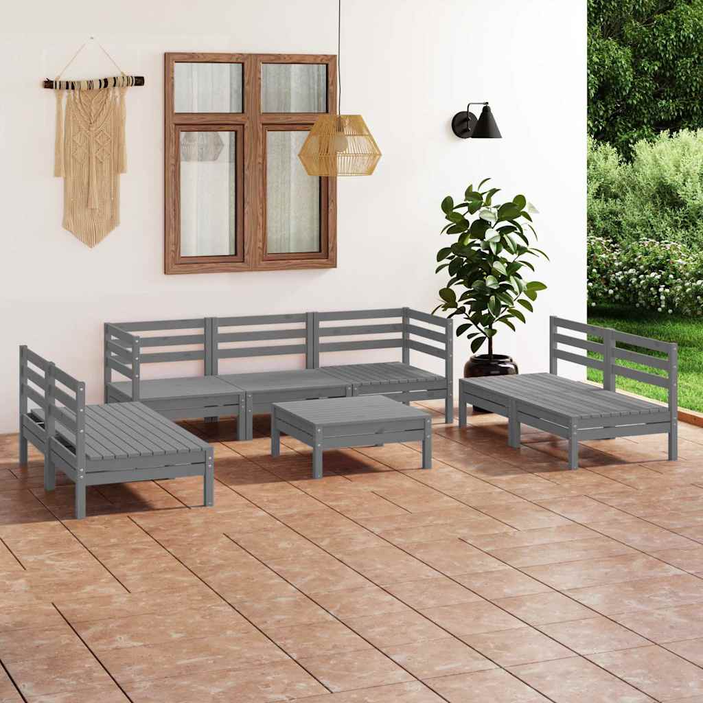 Set Divani da Giardino 8 pz Grigio in Legno Massello di Pino