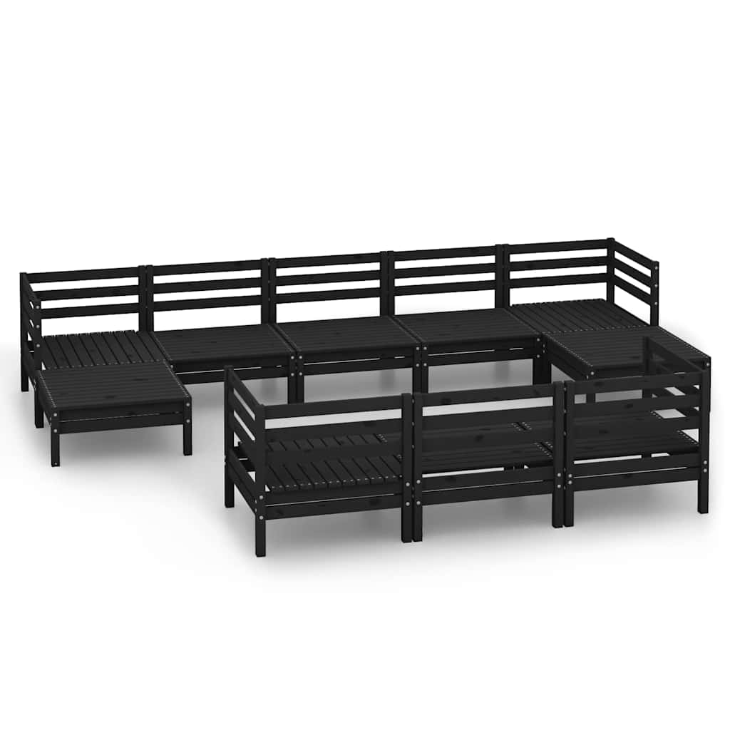 Set Divani da Giardino 10 pz Nero in Legno Massello di Pino