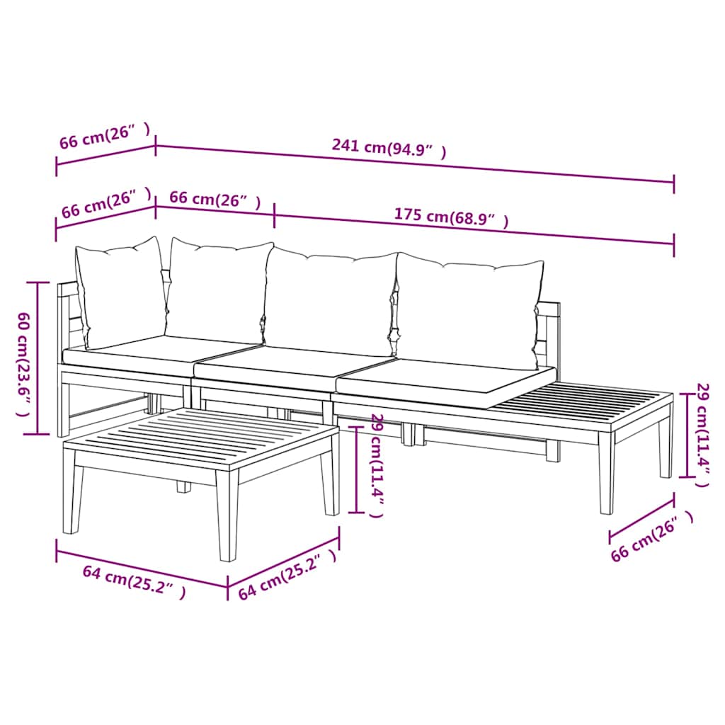 Set Divani Giardino 3 pz Cuscini Bianco Crema in Legno d'Acacia