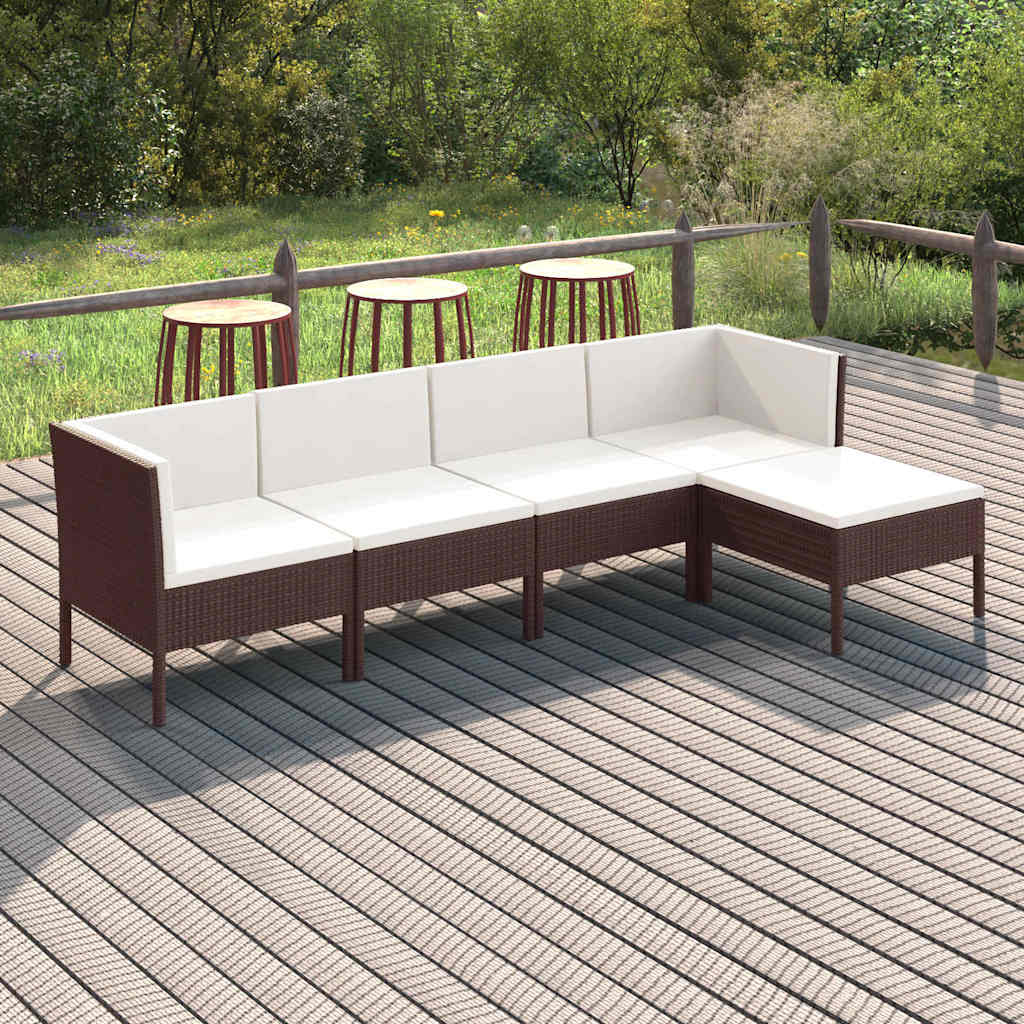 Set Divani da Giardino 5 pz con Cuscini in Polyrattan Marrone