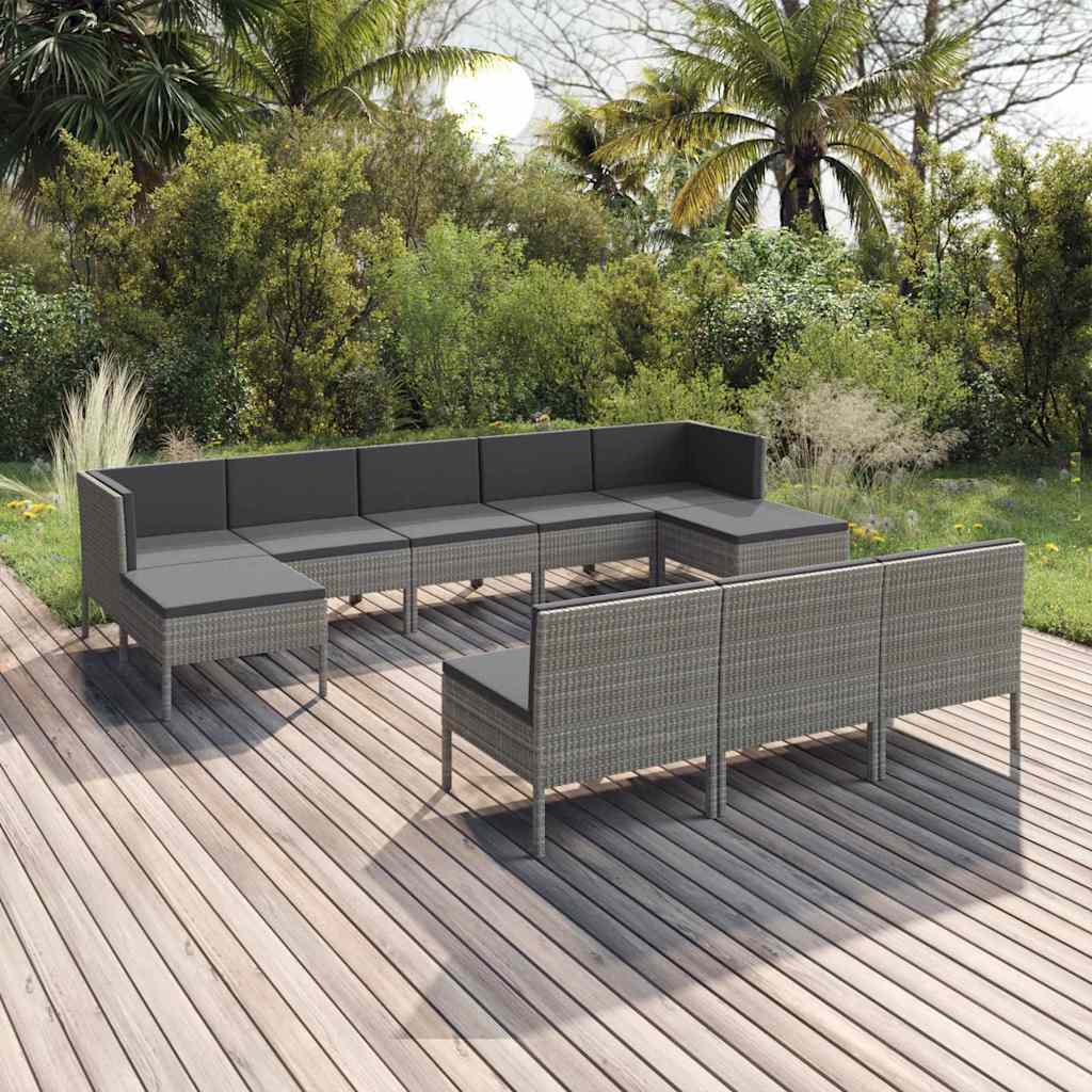 Set Divani da Giardino 10 pz con Cuscini in Polyrattan Grigio