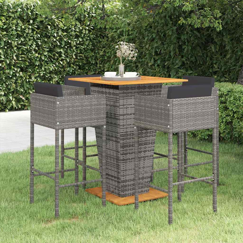 Set da Bar da Giardino 5 pz con Cuscini in Polyrattan Grigio