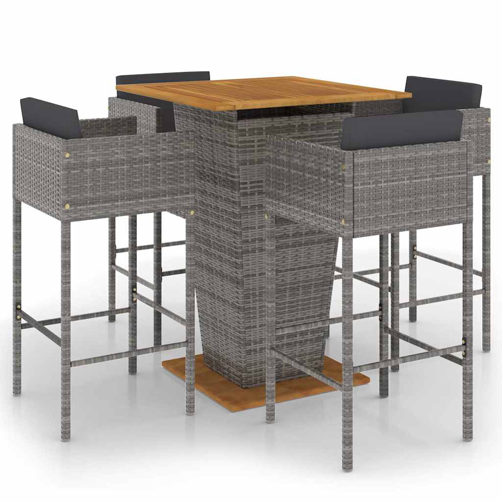 Set da Bar da Giardino 5 pz con Cuscini in Polyrattan Grigio
