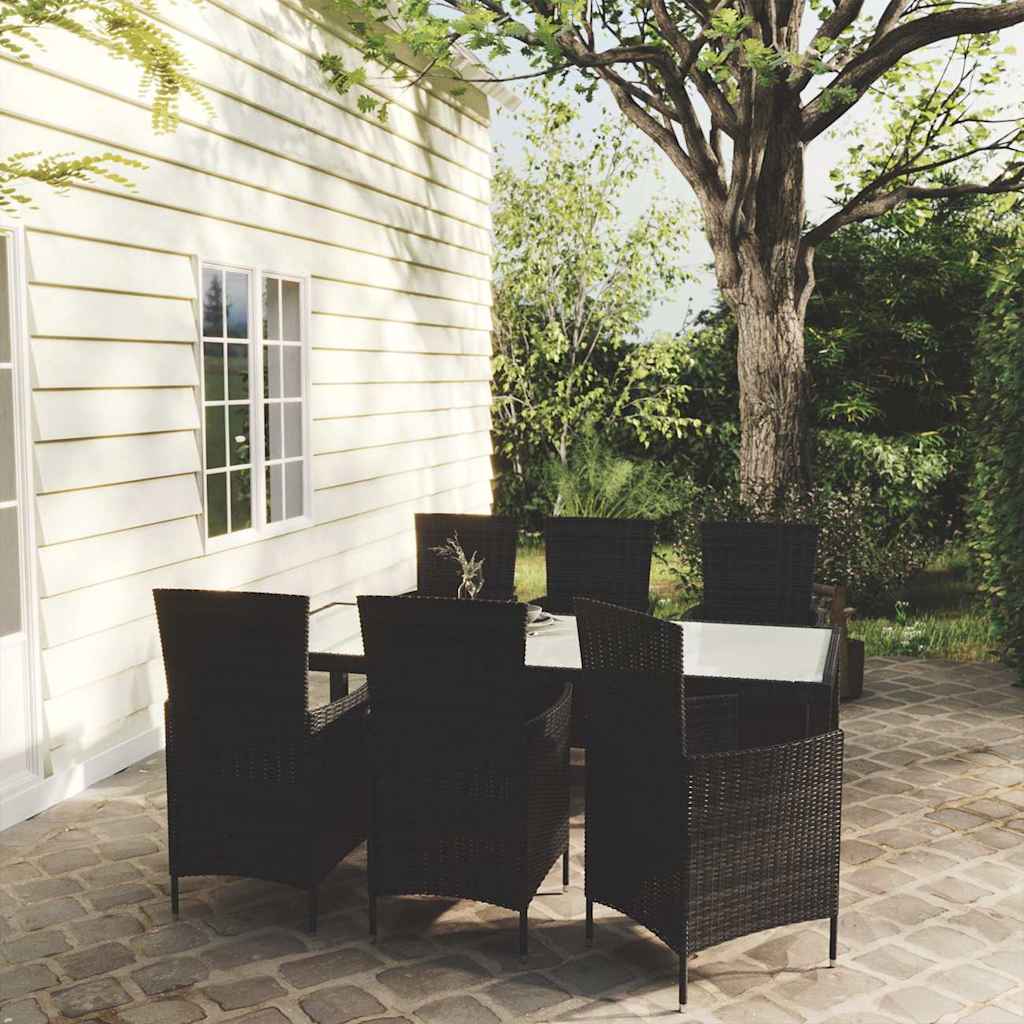 Set da Pranzo da Giardino 7 pz con Cuscini in Polyrattan Nero