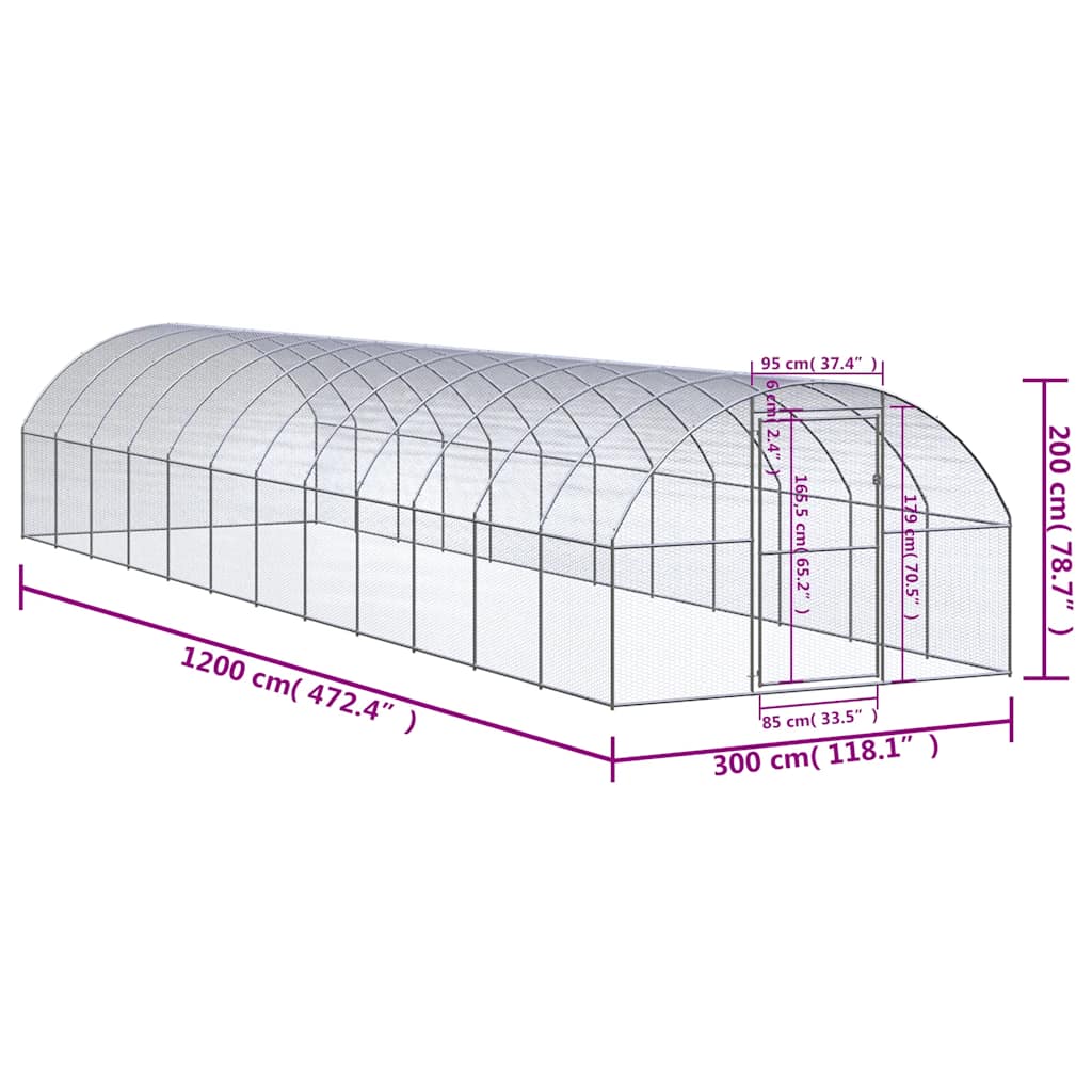 Gabbia per Polli da Esterno 3x12x2 m in Acciaio Zincato