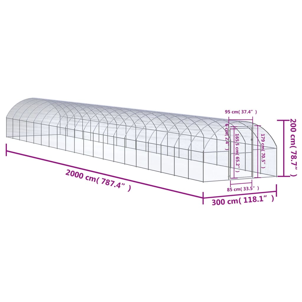 Gabbia per Polli da Esterno 3x20x2 m in Acciaio Zincato