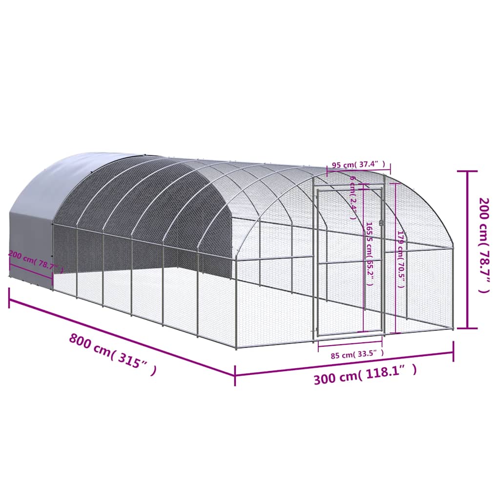 Gabbia per Polli da Esterno 3x8x2 m in Acciaio Zincato