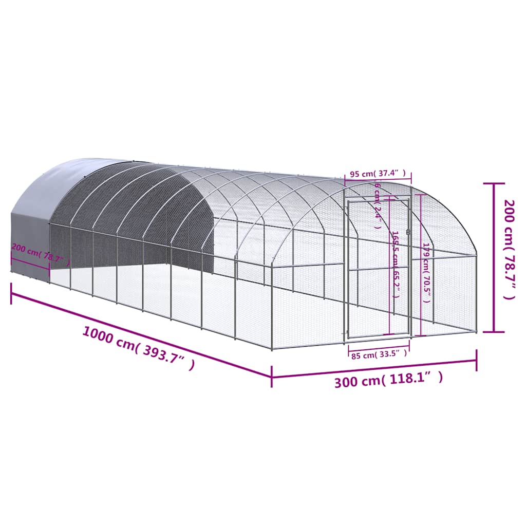 Gabbia per Polli da Esterno 3x10x2 m in Acciaio Zincato