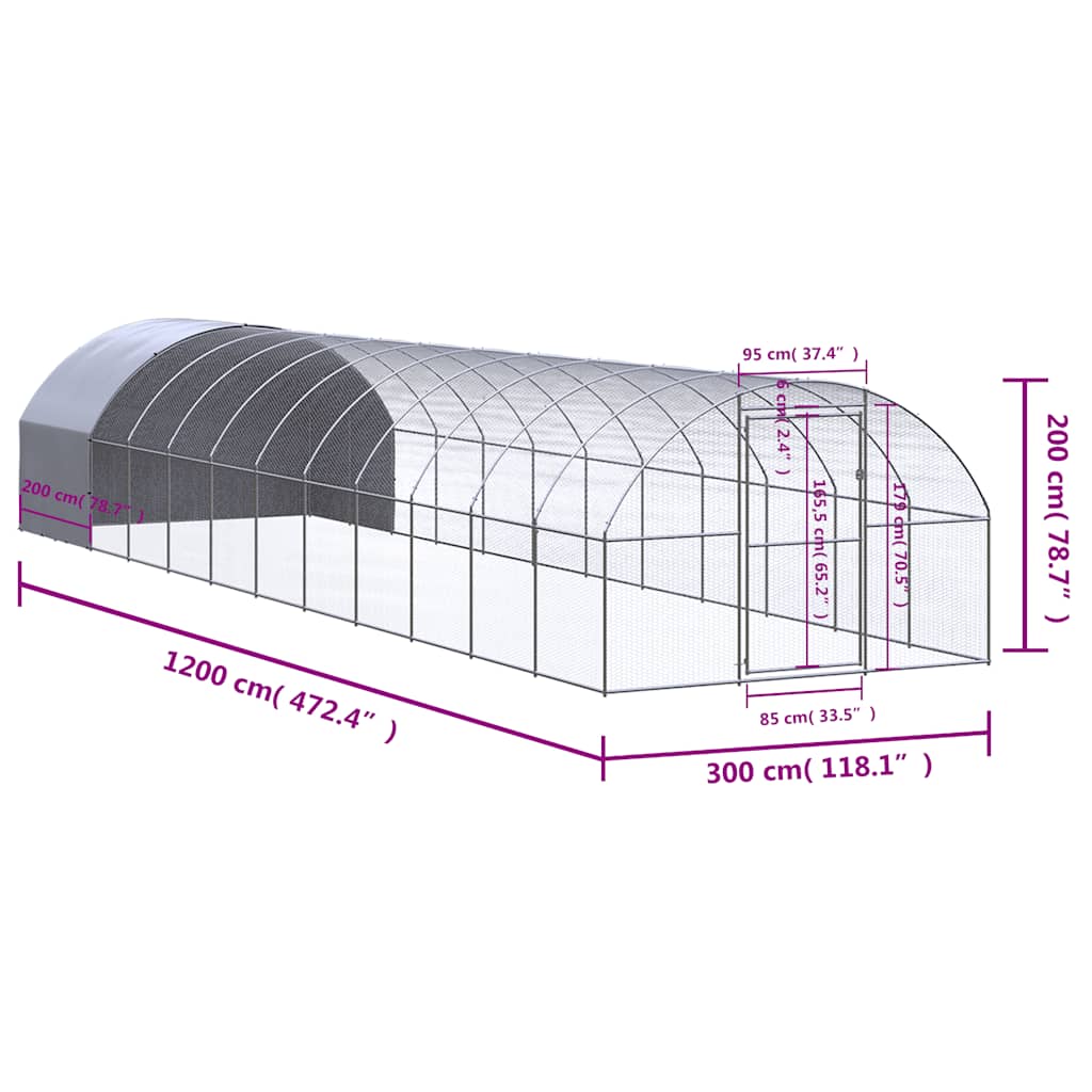 Gabbia per Polli da Esterno 3x12x2 m in Acciaio Zincato