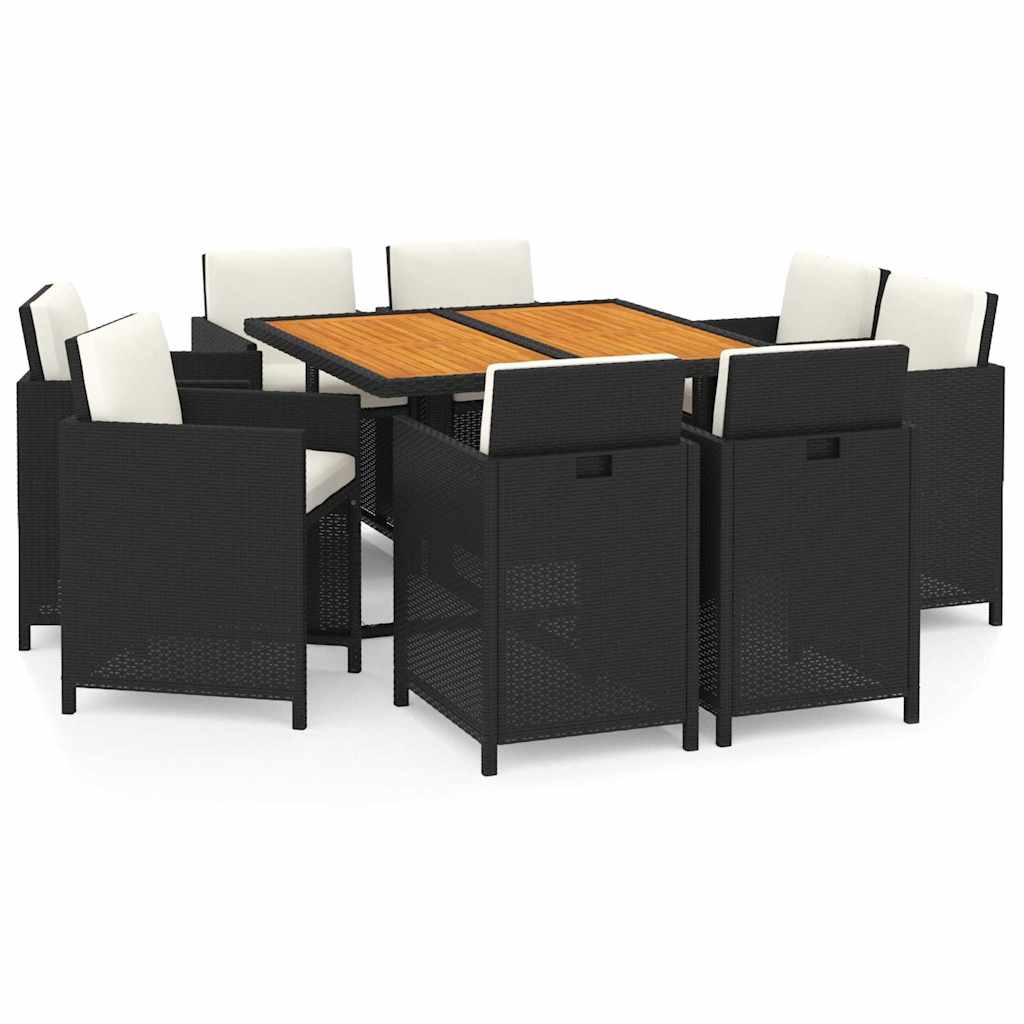 Set da Pranzo da Giardino 9 pz con Cuscini Nero in Polyrattan