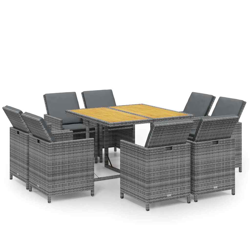 Set Pranzo da Giardino 9 pz con Cuscini in Polyrattan Grigio