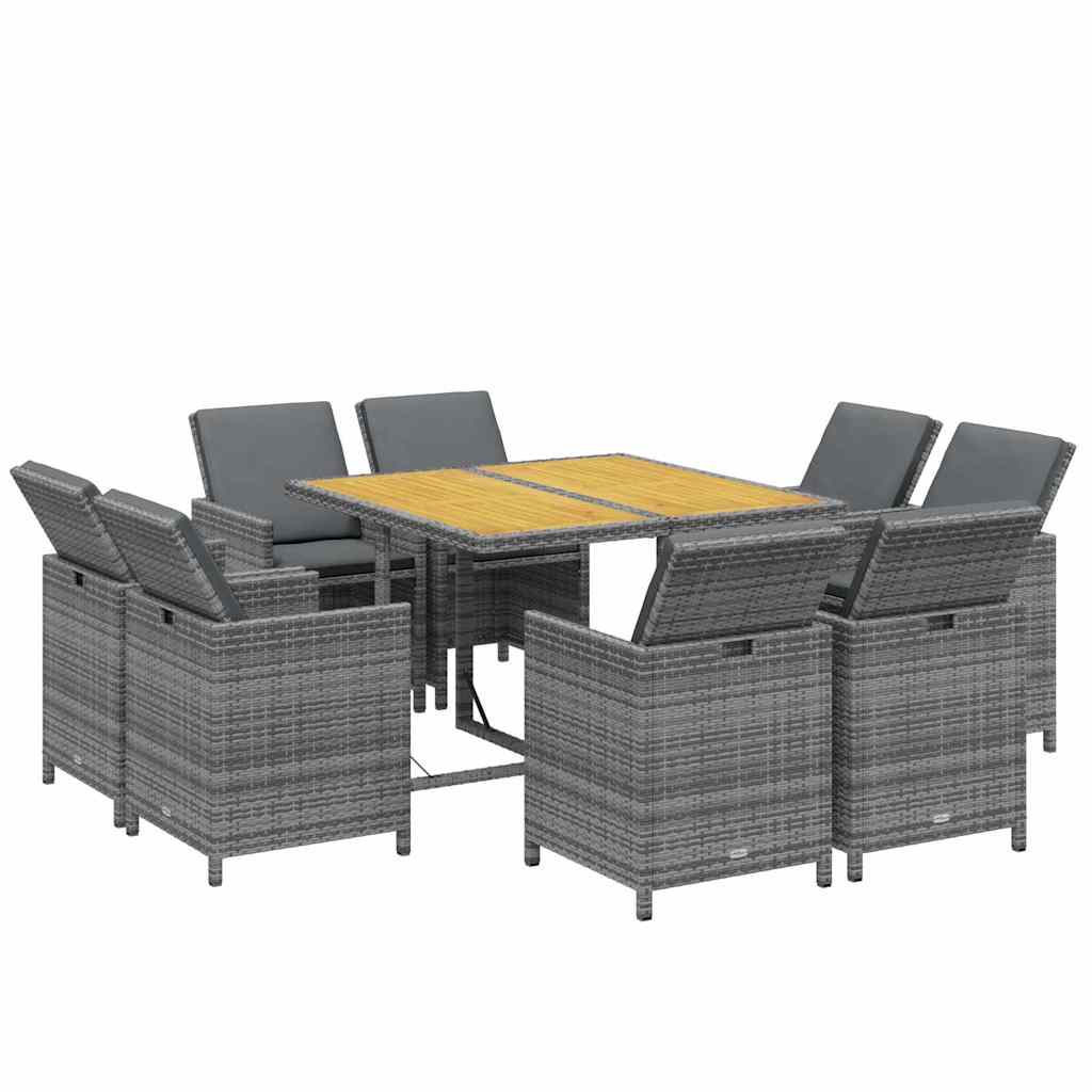 Set Pranzo da Giardino 9 pz con Cuscini in Polyrattan Grigio