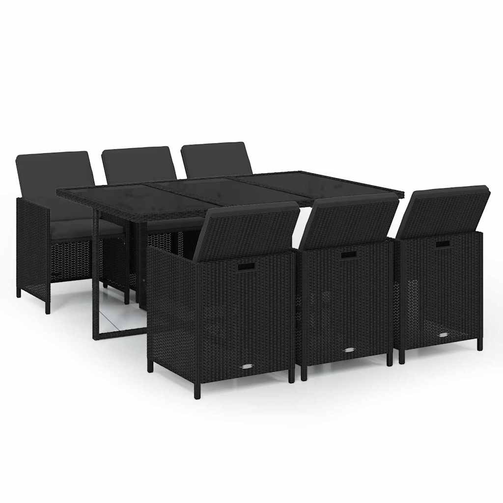 Set da Pranzo da Giardino 7 pz Nero con Cuscini in Polyrattan