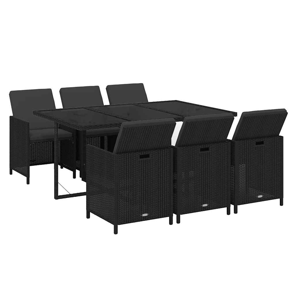 Set da Pranzo da Giardino 7 pz Nero con Cuscini in Polyrattan
