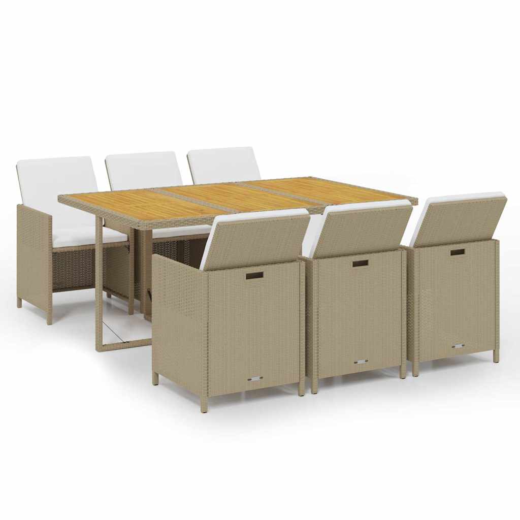 Set da Pranzo da Giardino 7 pz con Cuscini in Polyrattan Beige