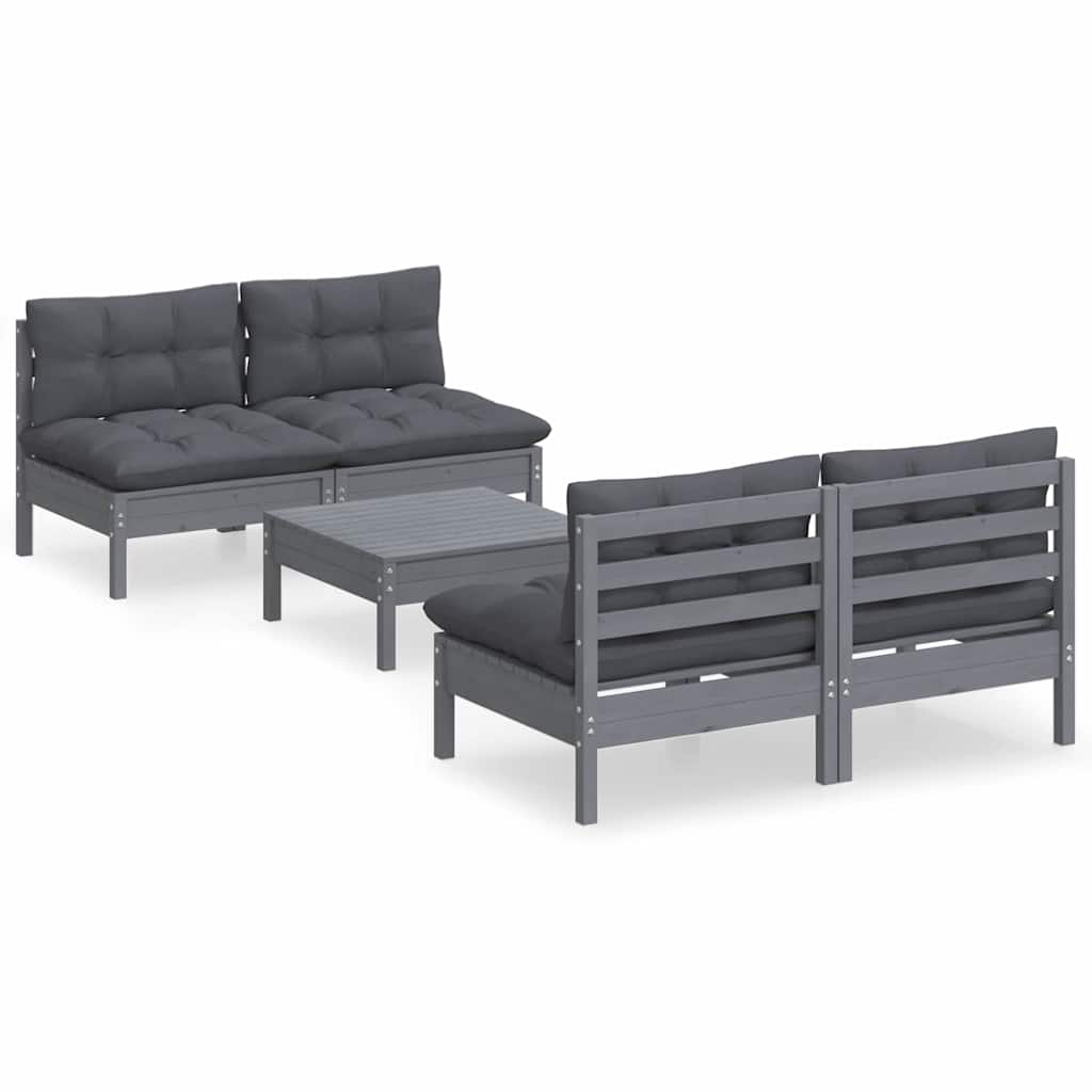 Set Divani da Giardino 5 pz con Cuscini Antracite Legno di Pino