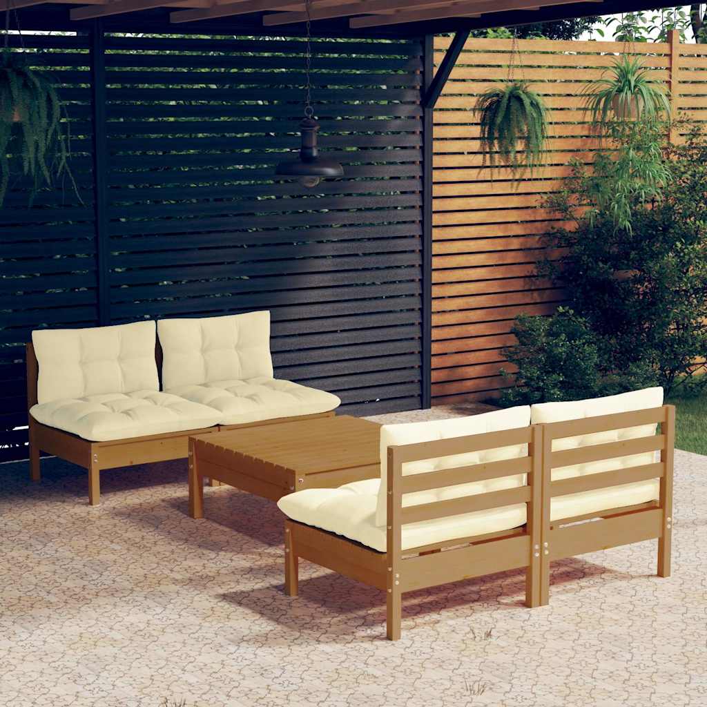 Set Salotto da Giardino 5pz con Cuscini Crema in Legno di Pino