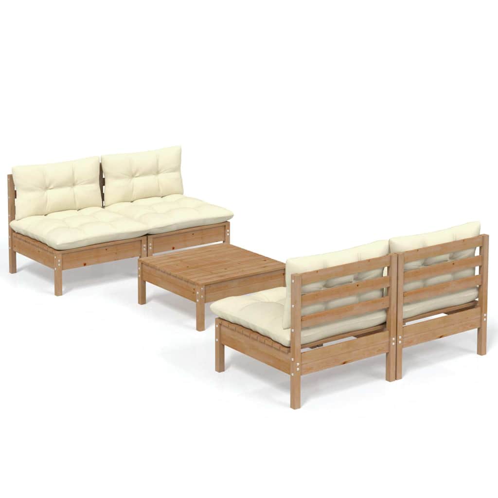 Set Salotto da Giardino 5pz con Cuscini Crema in Legno di Pino
