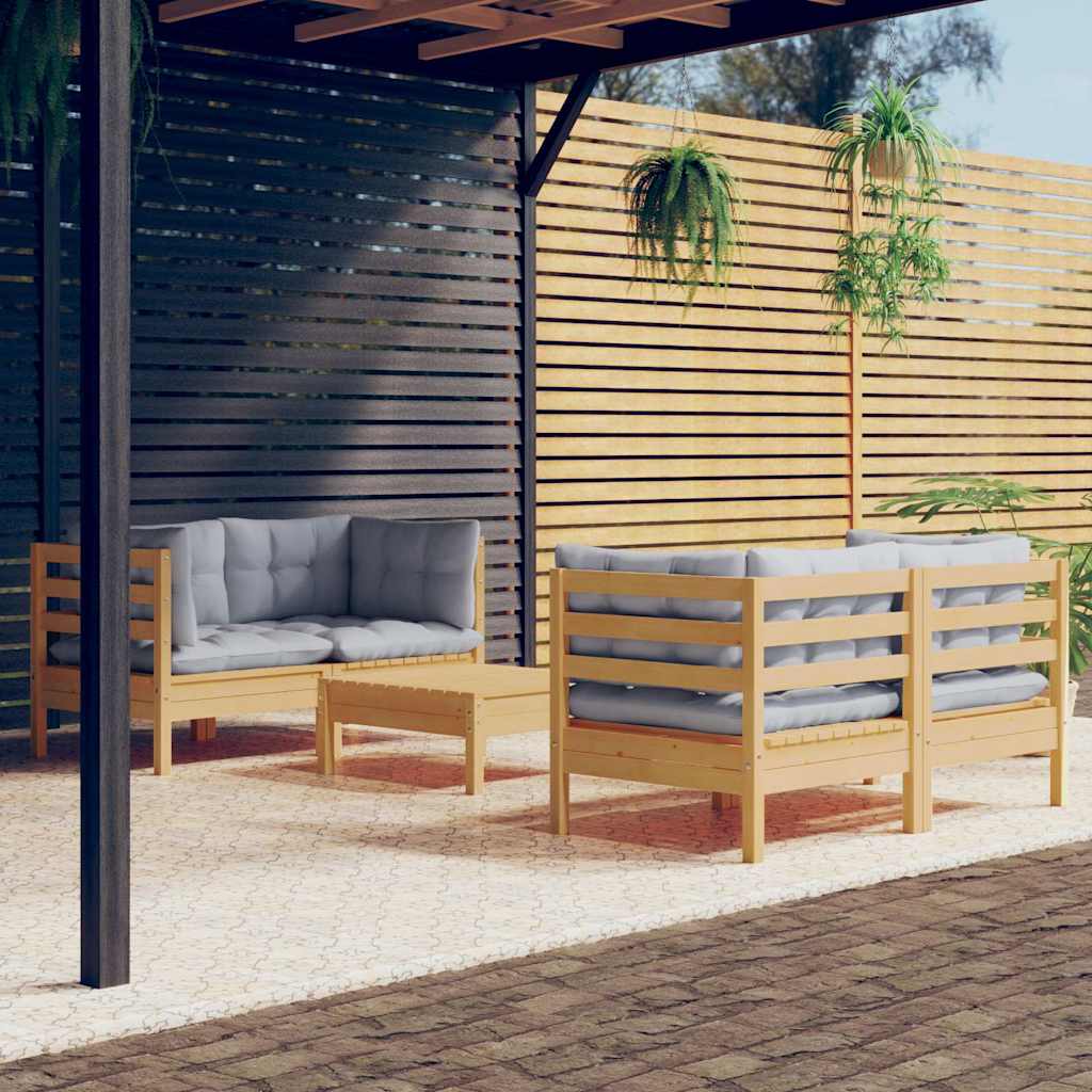 Set Divani da Giardino 5 pz con Cuscini Grigi Massello di Pino
