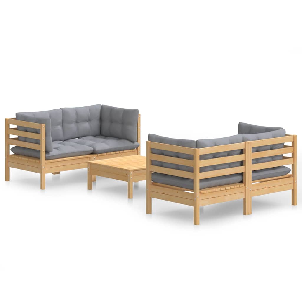 Set Divani da Giardino 5 pz con Cuscini Grigi Massello di Pino