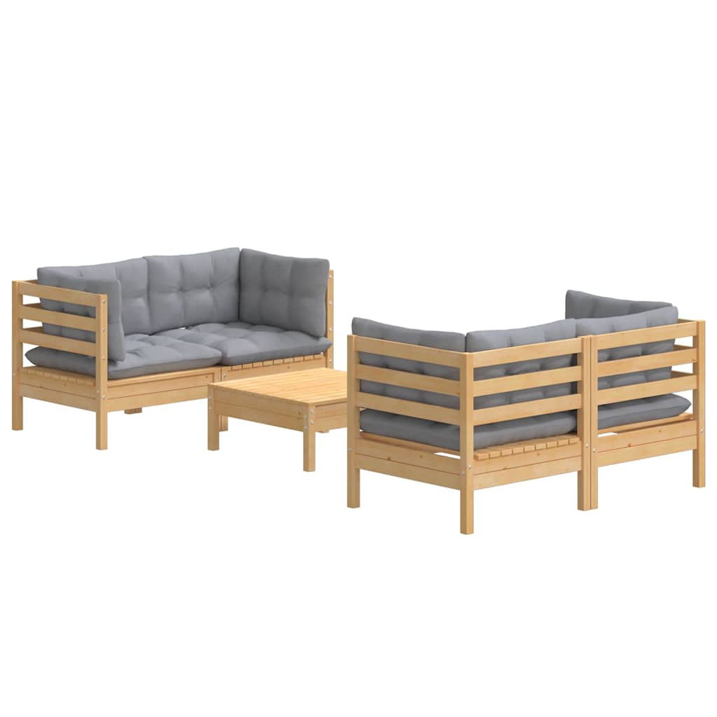 Set Divani da Giardino 5 pz con Cuscini Grigi Massello di Pino