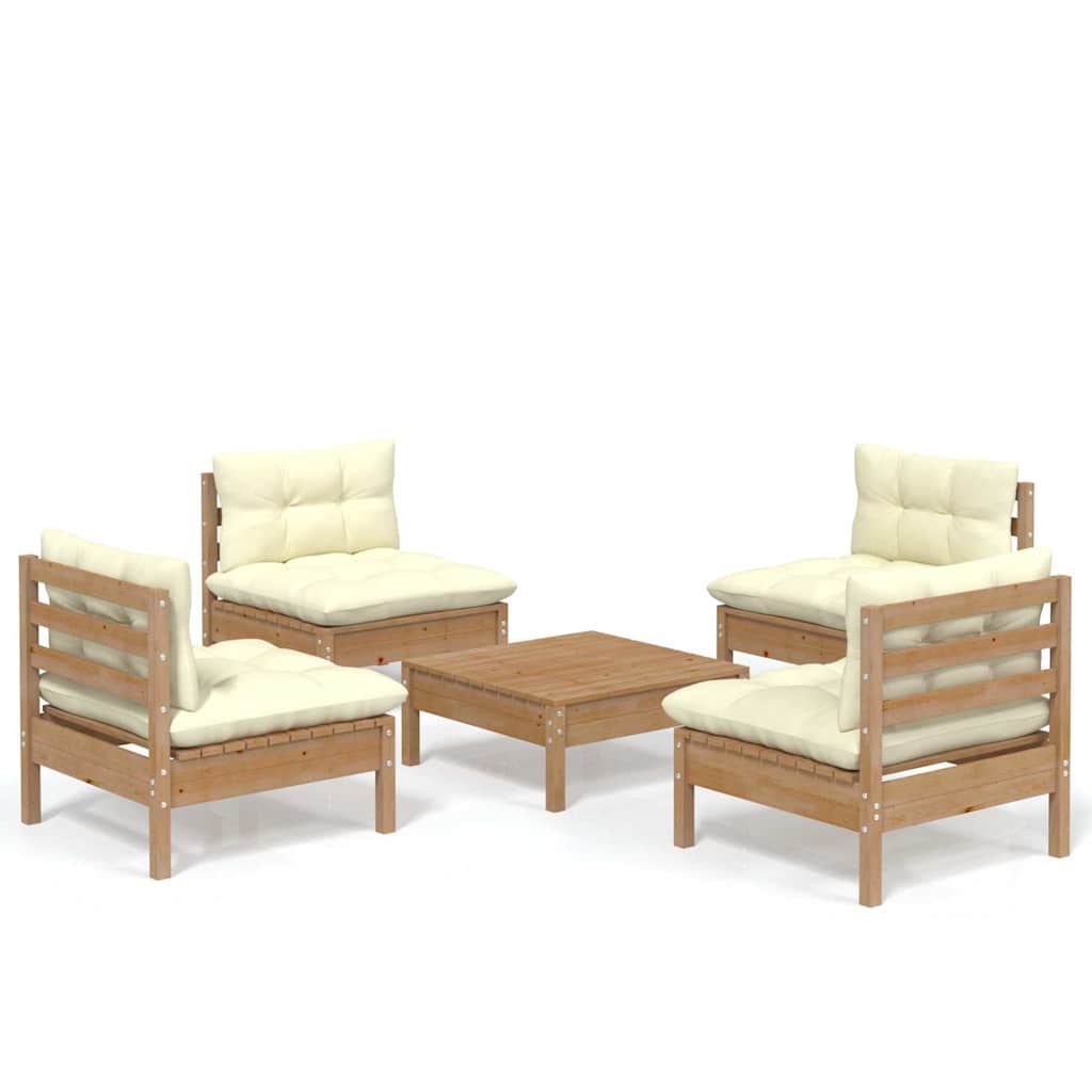 Set Salotto da Giardino 5pz con Cuscini Crema in Legno di Pino