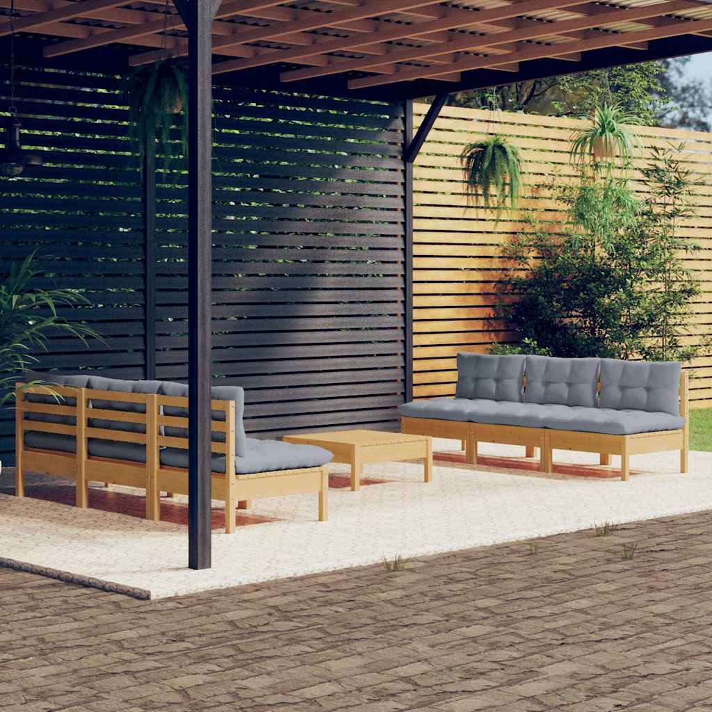Set Divani da Giardino 7 pz con Cuscini Grigi Massello di Pino