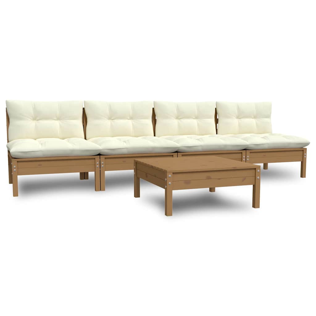 Set Salotto da Giardino 5pz con Cuscini Crema in Legno di Pino
