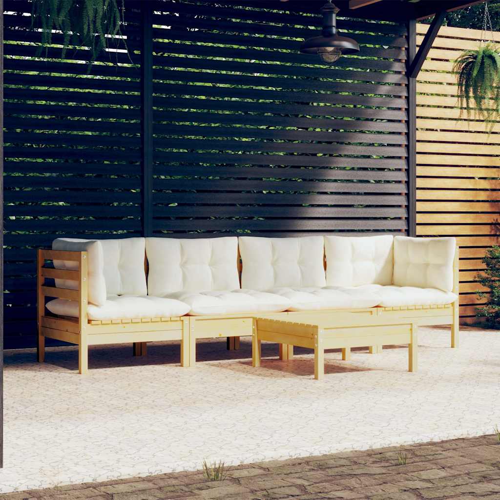 Set Divani da Giardino 5 pz con Cuscini Crema Massello di Pino