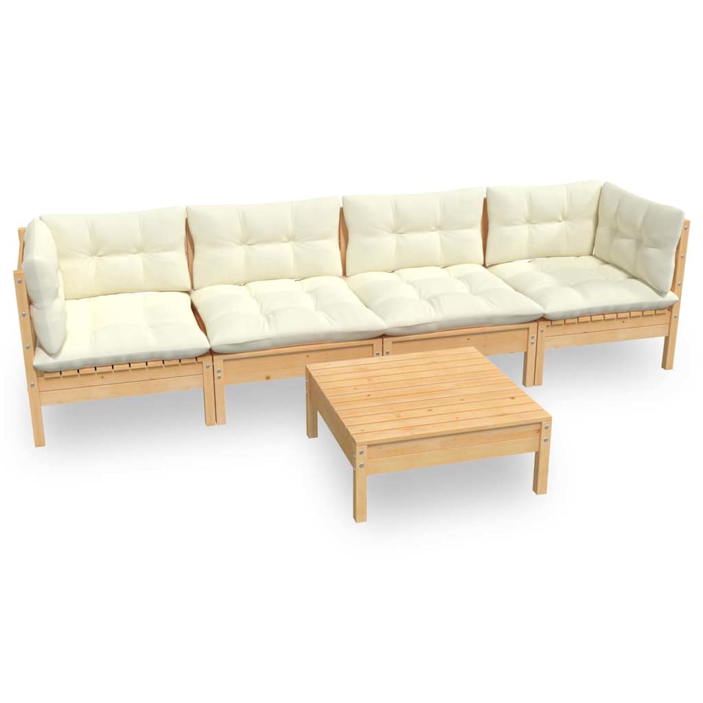 Set Divani da Giardino 5 pz con Cuscini Crema Massello di Pino