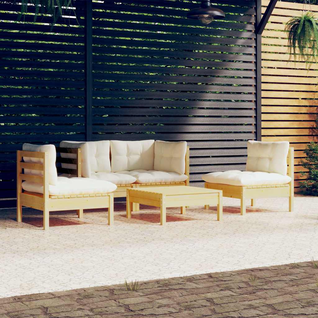 Set Divani da Giardino 5 pz con Cuscini Crema Massello di Pino
