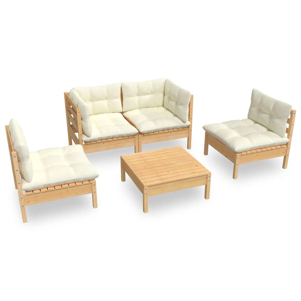 Set Divani da Giardino 5 pz con Cuscini Crema Massello di Pino
