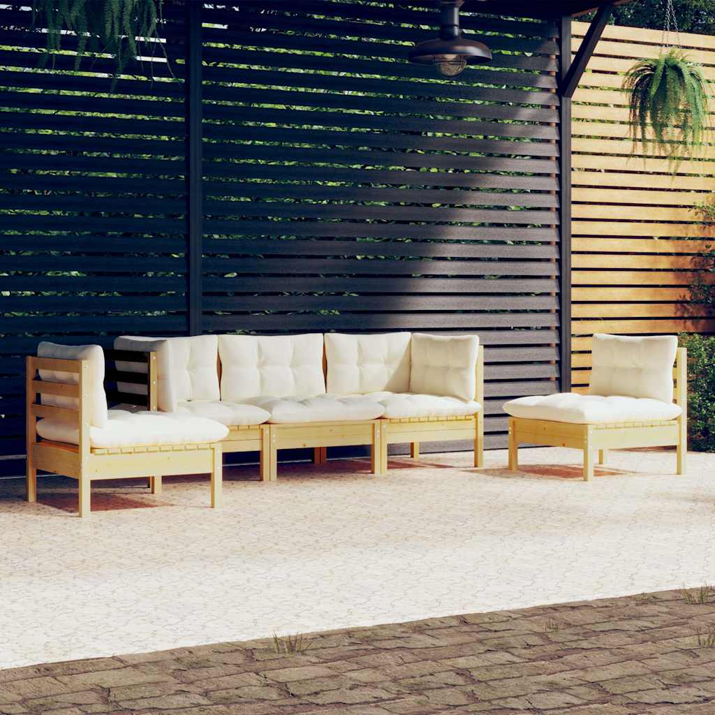 Set Divani da Giardino 5 pz con Cuscini Crema Massello di Pino