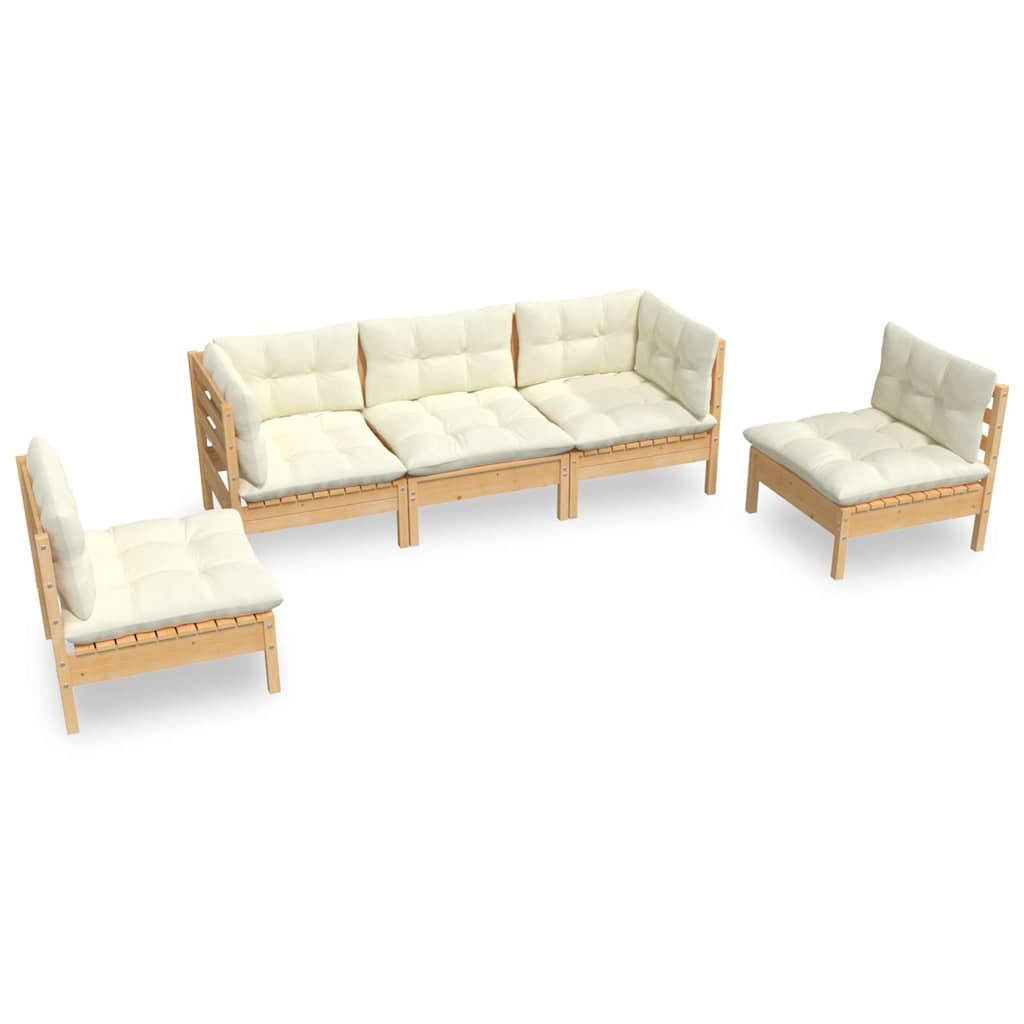 Set Divani da Giardino 5 pz con Cuscini Crema Massello di Pino