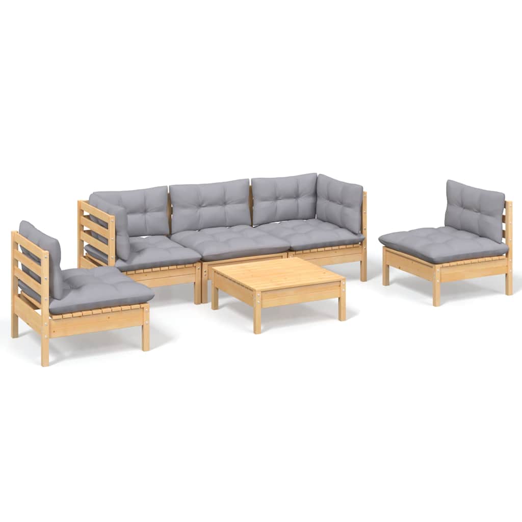 Set Divani da Giardino 6 pz con Cuscini Grigi Massello di Pino