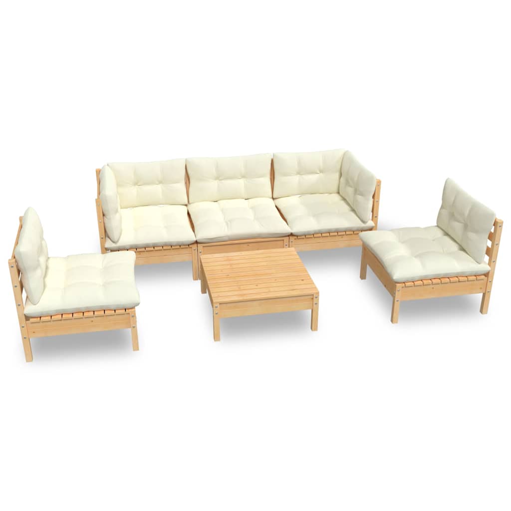 Set Divani da Giardino 6 pz con Cuscini Crema Massello di Pino