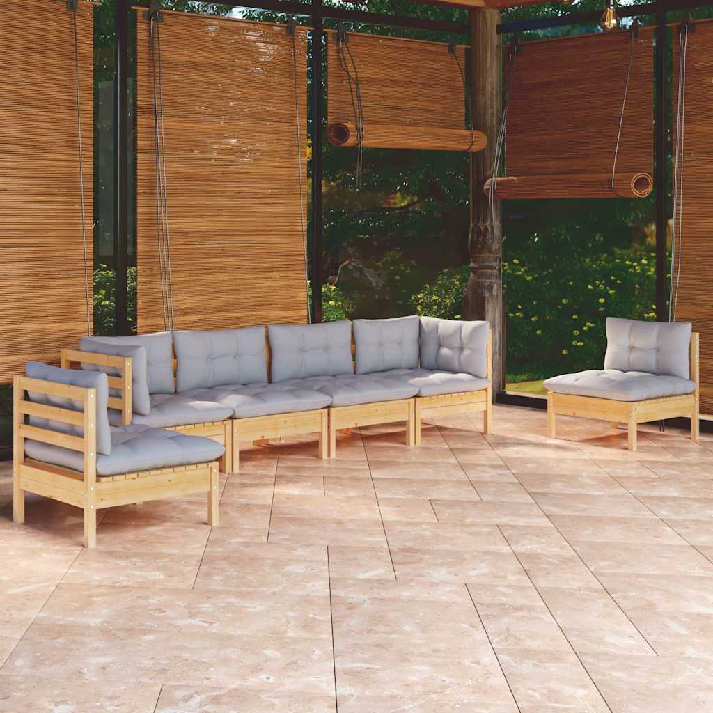 Set Divani da Giardino 6 pz con Cuscini Grigi Massello di Pino