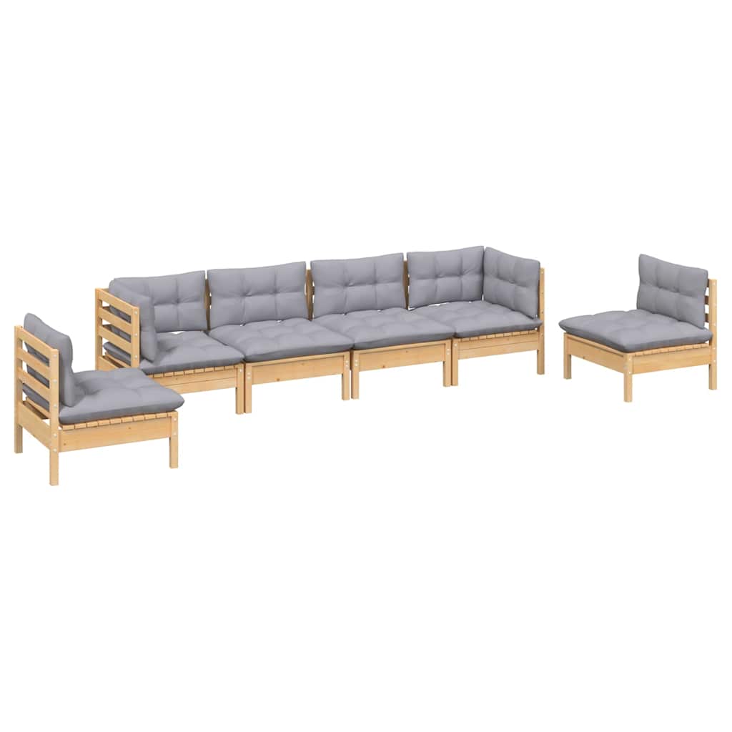 Set Divani da Giardino 6 pz con Cuscini Grigi Massello di Pino