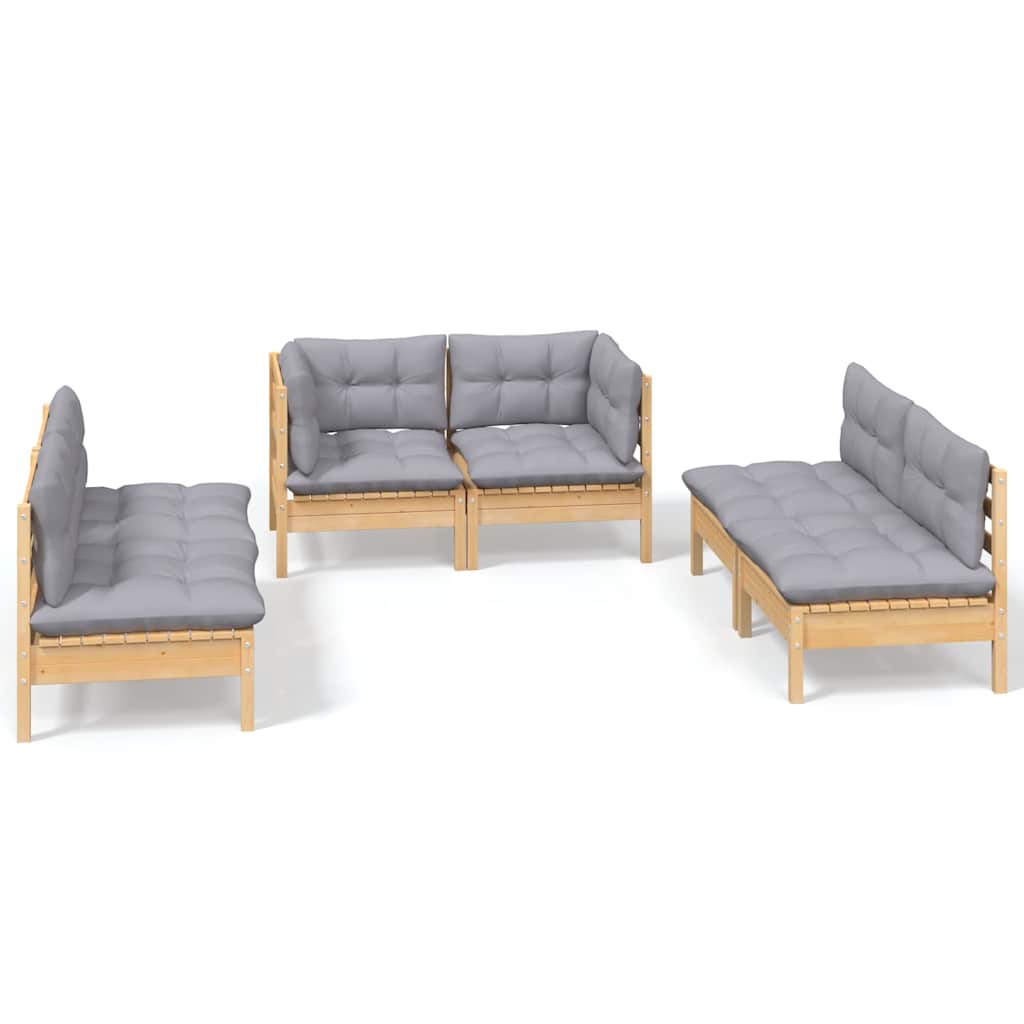 Set Divani da Giardino 6 pz con Cuscini Grigi Massello di Pino