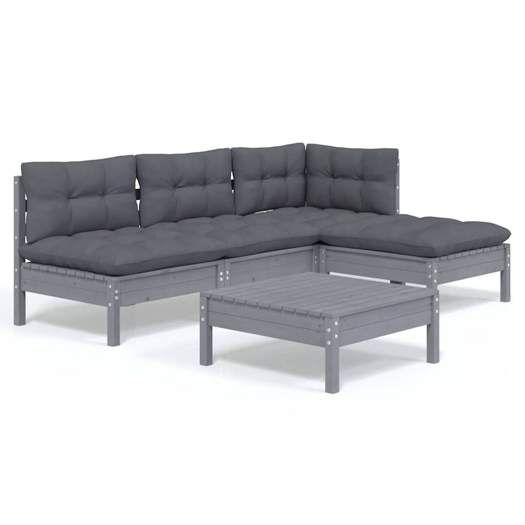 Set Divani da Giardino 5 pz con Cuscini Grigi Massello di Pino
