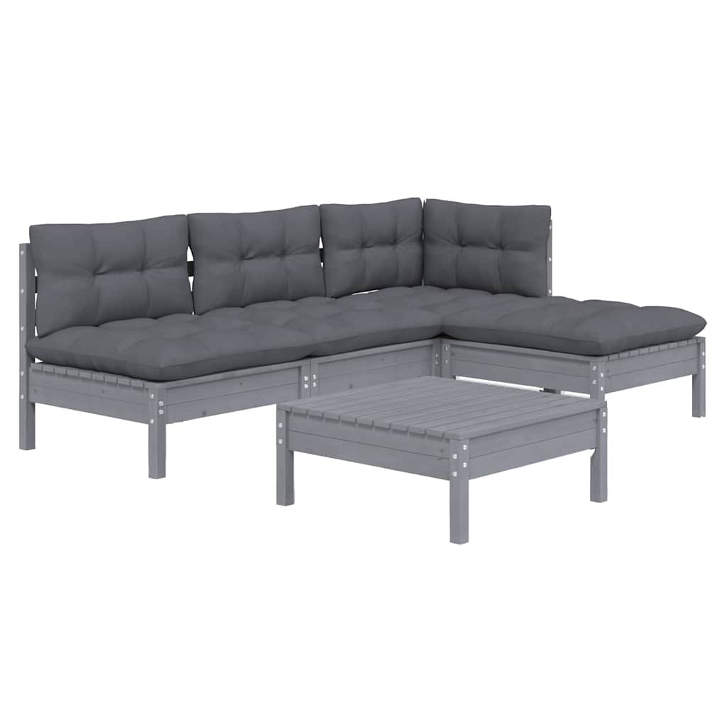 Set Divani da Giardino 5 pz con Cuscini Grigi Massello di Pino
