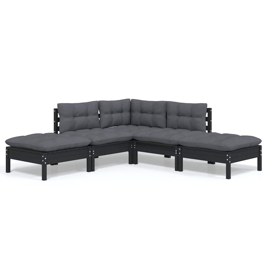 Set Divani da Giardino 5 pz con Cuscini Neri Massello di Pino