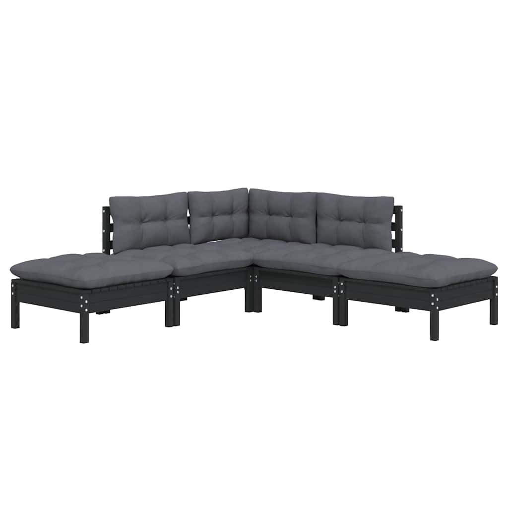 Set Divani da Giardino 5 pz con Cuscini Neri Massello di Pino